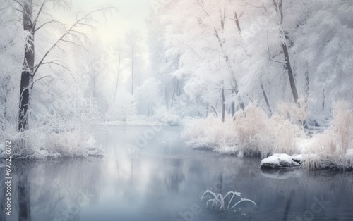 Winter forest on the river. Panoramic landscape with snowy trees, sun, beautiful frozen river with reflection in wate © kozirsky