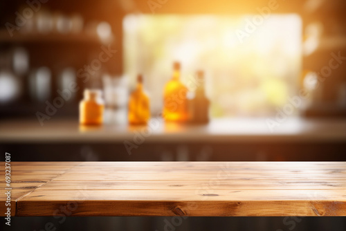 wood tabletop background with blurred kitchen