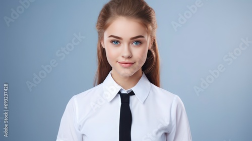 photo portrait of a beautiful young American female student in school uniform, one color background, copy space, generative ai © Nia™