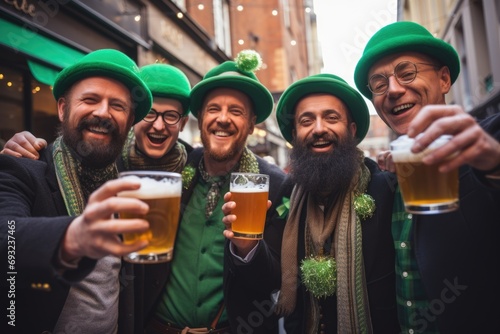 Group of men friends in green hats with beer celebrating St Patrick day at city street