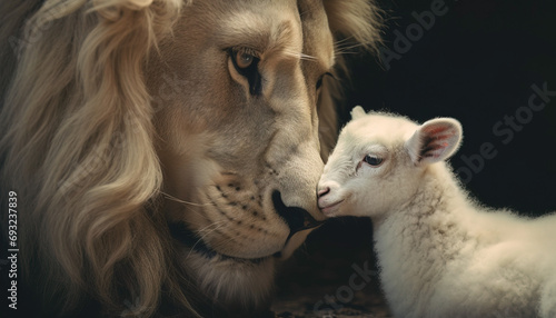 The Lion of Judah and the Lamb of God. Bible's description of the coming of Jesus Christ. AI-generated image	
