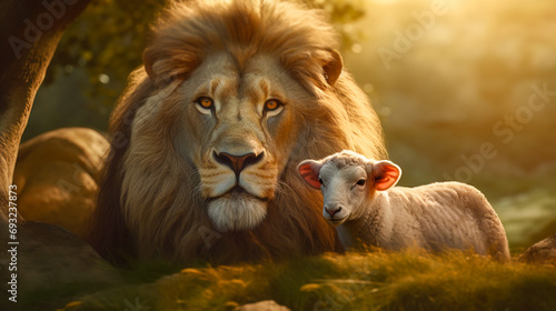 The Lion of Judah and the Lamb of God. Bible's description of the coming of Jesus Christ. AI-generated image	 photo
