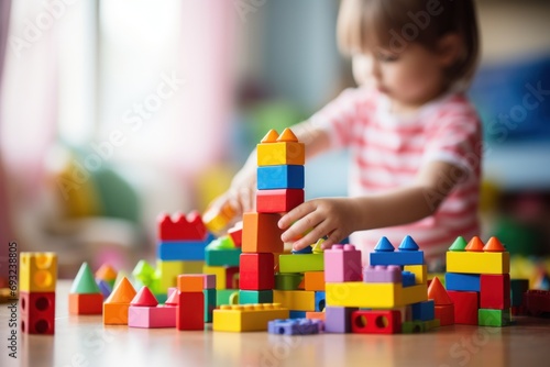 Cute little girl is playing with building bricks while sitting on floor
