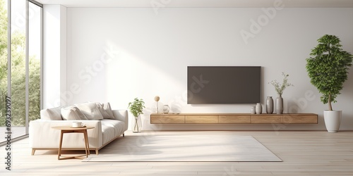 Spacious white living room at home with comfortable sofa, wooden table, television, and large window against white wall.