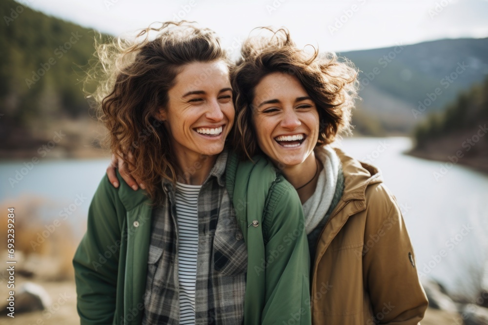 Lesbian women in love enjoying an adventure in mountains. Homosexual female couple hugging each other admiring stunning view, wearing backpacks, ready for hiking and exploring wilderness. LGBT concept Lesbian women in love enjoying an adventure in mountains. Homosexual female couple hugging each other admiring stunning view, wearing backpacks, ready for hiking and exploring wilderness. LGBT concept