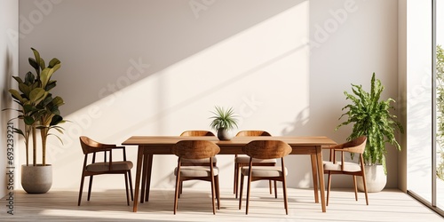 Elegant dining room with wooden table, plant, and stylish decor. photo