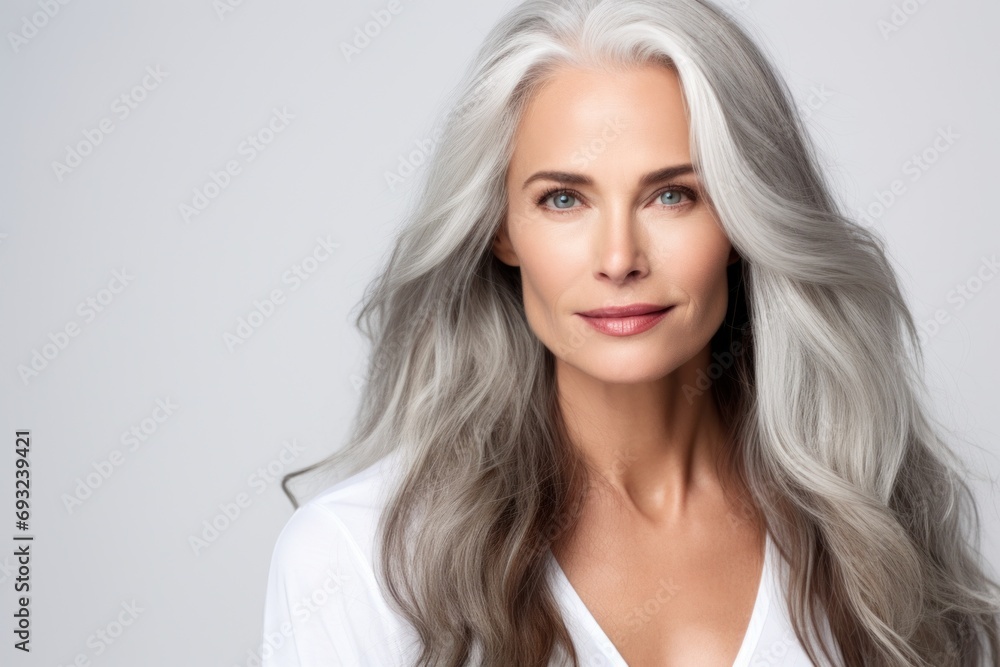 Beautiful senior woman with smooth healthy face skin and grey long hair. Gorgeous aging mature woman Beautiful senior woman with smooth healthy face skin and grey long hair. Gorgeous aging mature woman