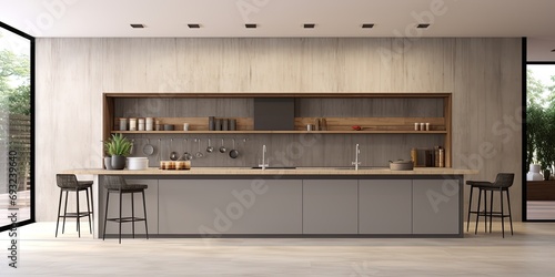 Front view of a contemporary kitchen, designed with modern architecture and represented in . photo