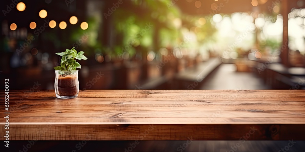 Wooden table with blurred cafe, coffee shop, and bar in the background - ideal for showcasing or creating product montages.