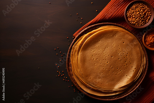 Ethiopian Injera Bread with Spices on Wooden Plate photo