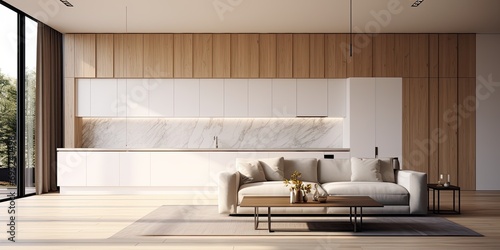 White minimalist interior with kitchen, sofa, wood floor, wall panels and marble kitchen island visualized in .