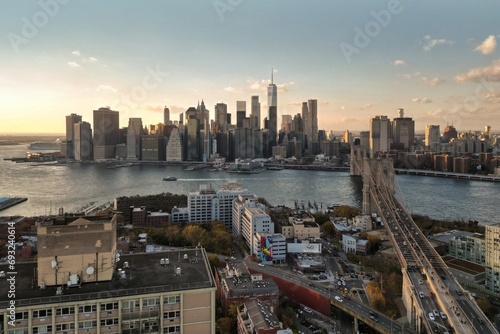 Panoramic cityscape about Manhattans skyscrapers. Manhattan skyline. Manhattan Buildings. New York Skyline. Brooklyn and Manhattan Bridge. Aerial view of Manhattan in New York City.