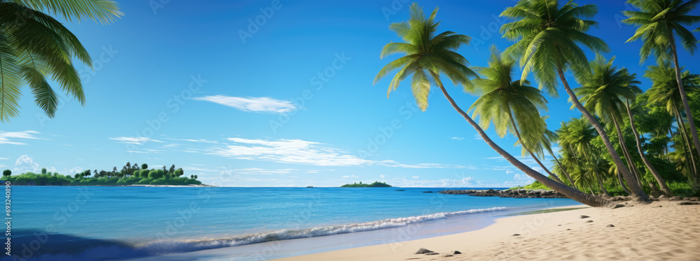 Beautiful sunny tropical beach with palm trees, ultrawide shot