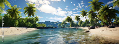 Beautiful sunny tropical beach with palm trees  ultrawide shot