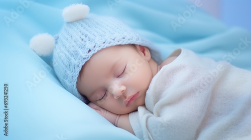 Sleeping Baby in White Hat on Blue Blanket