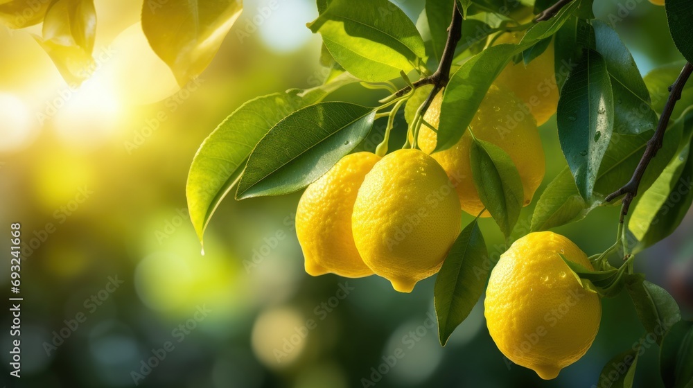 Obraz premium Fresh Lemons Hanging on a Sunlit Tree