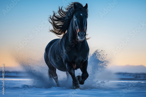 Winter black stallion. running horses in the snow. Blue hour