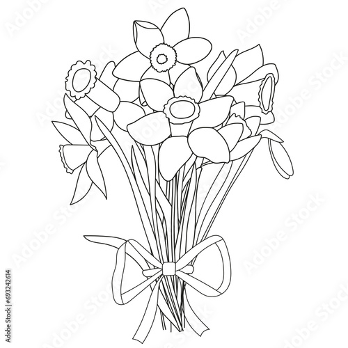 Hand-Drawn Daffodil Flowers Coloring Page For Kids Is A Black And White Vector Illustration Suitable For Printing