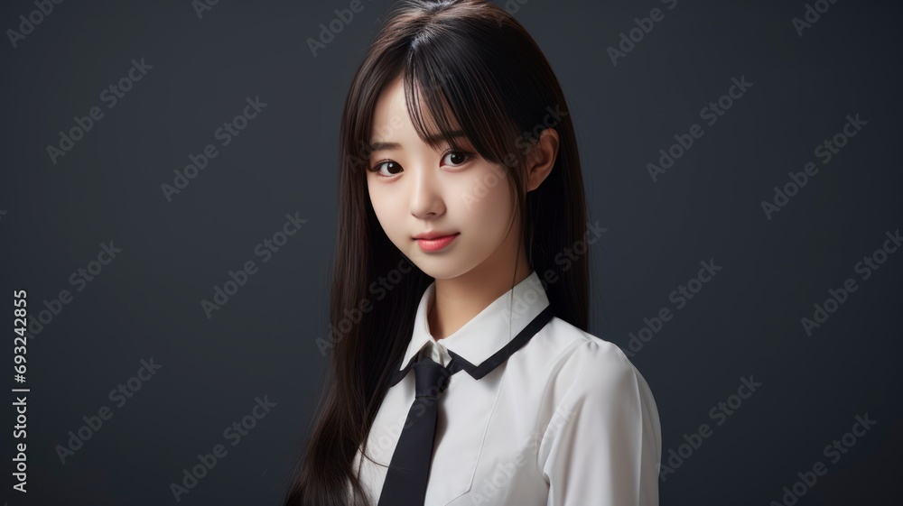 Portrait photo of a beautiful young Japanese female student in school uniform, one color background, copy space - generative ai Portrait photo of a beautiful young Japanese female student in school uniform, one color background, copy space - generative ai