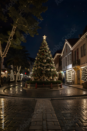 street with christmas decoration, decorated christmas tree, night, Generative AI