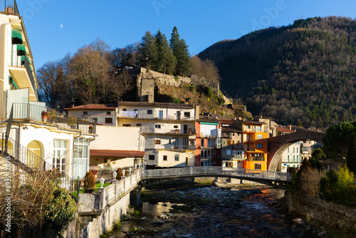View on bridge in the old town of Camprodon in Pyrenees at winter, Girona province, Spain