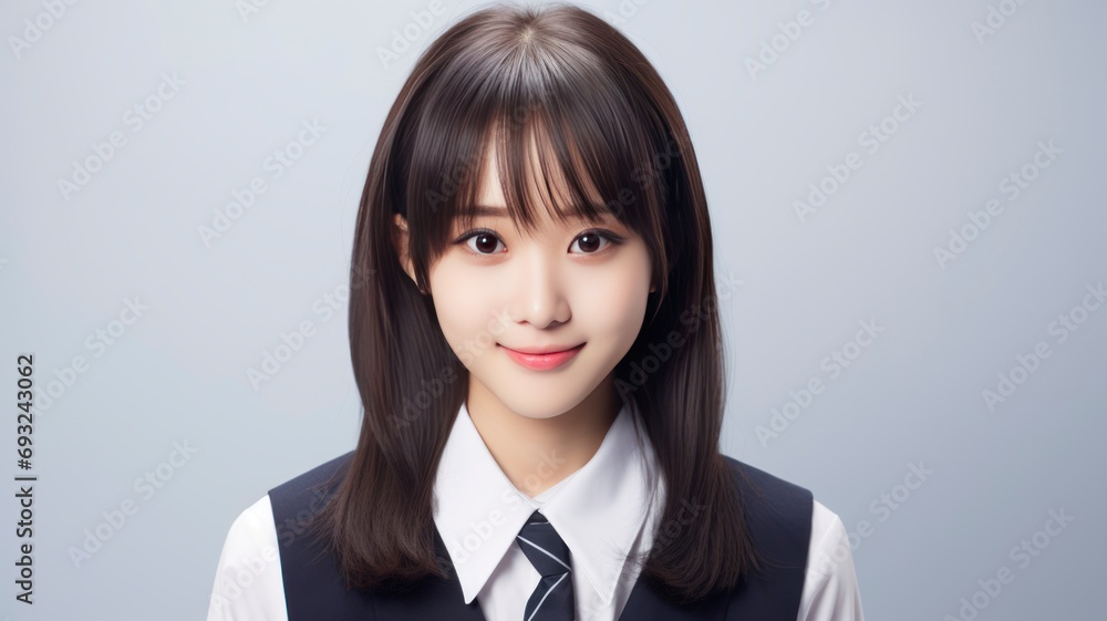 Portrait photo of a beautiful young Japanese female student in school uniform, one color background, copy space - generative ai Portrait photo of a beautiful young Japanese female student in school uniform, one color background, copy space - generative ai