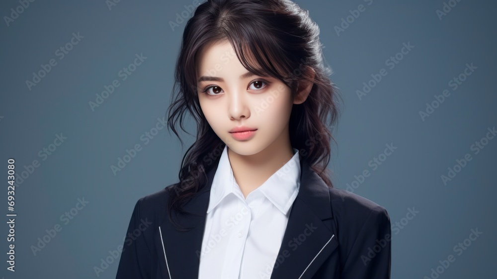 Portrait photo of a beautiful young Japanese female student in school uniform, one color background, copy space - generative ai Portrait photo of a beautiful young Japanese female student in school uniform, one color background, copy space - generative ai