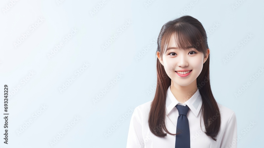 Portrait photo of a beautiful young Japanese female student in school uniform, one color background, copy space - generative ai Portrait photo of a beautiful young Japanese female student in school uniform, one color background, copy space - generative ai