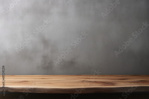 an empty wooden table Gray wall