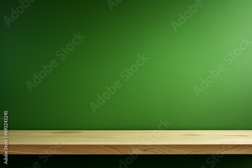 an empty wooden table green wall
