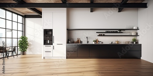 Mock up of a a loft kitchen with white walls, wooden floor, and black countertops featuring built-in appliances.