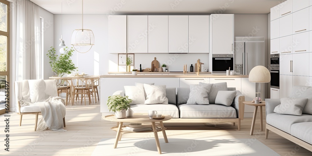 Scandinavian-style of a white kitchen and living room interior. Scandinavian-style of a white kitchen and living room interior.