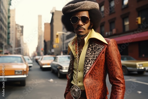 Fashionable black man in 1970s on city street photo