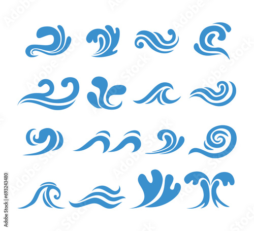 Blue Waves Icon Set Collection. Liquid Ocean, aqua sea waves shape, flowing splashing water, tide and ocean beach, waves tide splash hand drawn surfing storm wavy water, vector illustration