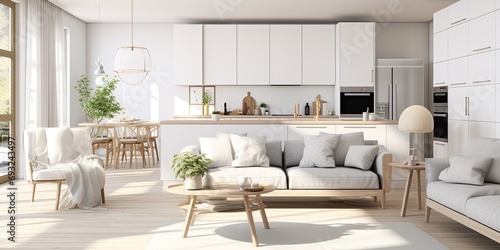 Scandinavian-style of a white kitchen and living room interior.