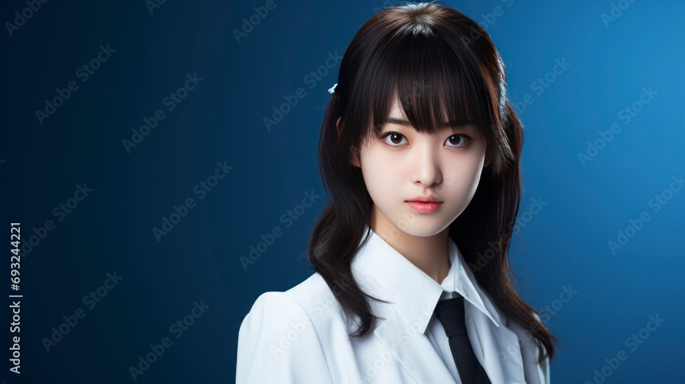 Portrait photo of a beautiful young Japanese female student in school uniform, one color background, copy space - generative ai Portrait photo of a beautiful young Japanese female student in school uniform, one color background, copy space - generative ai