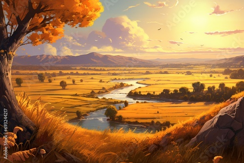 A peaceful countryside scene with a meandering river, surrounded by fields of golden wheat in the late afternoon