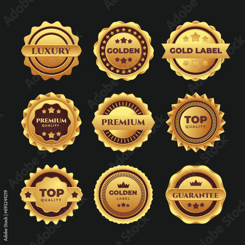 Set of Gold Seal Labels Collection, Golden luxury labels, gold premium quality certificate emblems badges, Luxury VIP and premium quality sticker tags and banners best product seals with golden crown