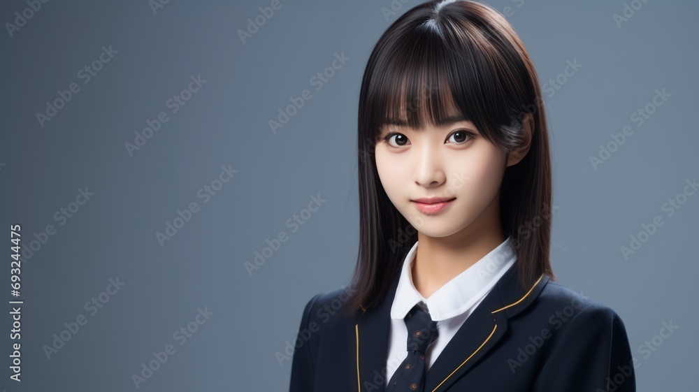 Portrait photo of a beautiful young Japanese female student in school uniform, one color background, copy space - generative ai Portrait photo of a beautiful young Japanese female student in school uniform, one color background, copy space - generative ai