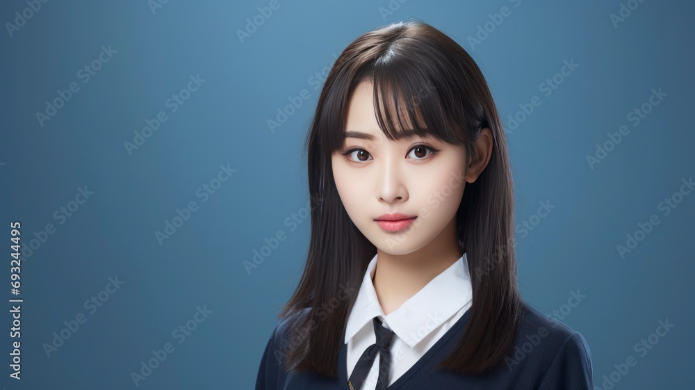 Portrait photo of a beautiful young Japanese female student in school uniform, one color background, copy space - generative ai Portrait photo of a beautiful young Japanese female student in school uniform, one color background, copy space - generative ai