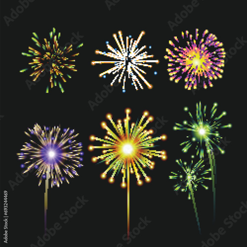 Realistic Firework set collection,  Fireworks with stars and sparks isolated on black background, Set of firecracker icons for Anniversary, New year, Celebrate, Festival. vector illustration