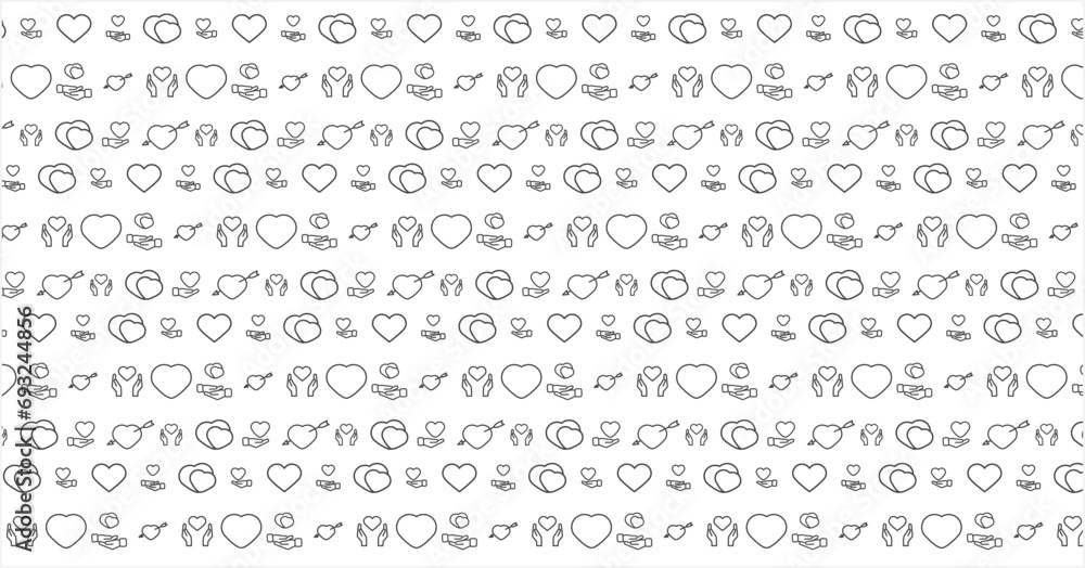 Heart pattern on transparent background. Hearts background design in the form of a collection of black linear hearts, Valentine's Day. Vector illustration