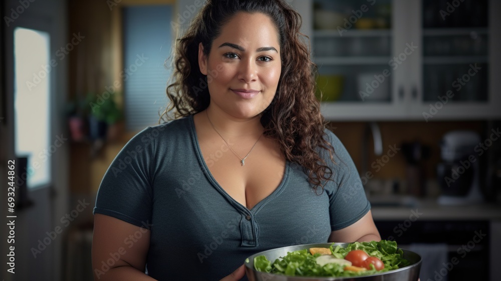 Charming woman making salad standing in kitchen 