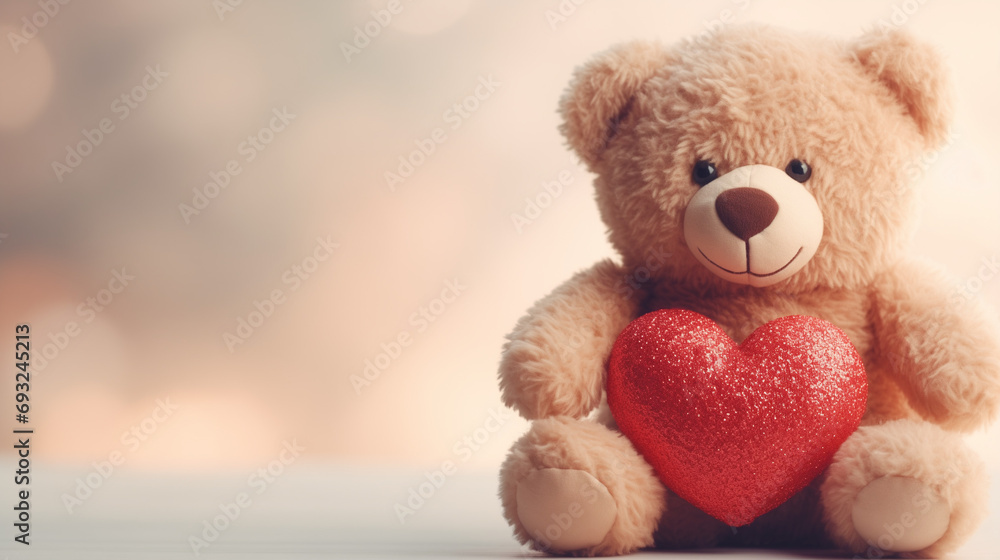 Embrace the warmth of love with a charming teddy bear, tenderly clutching a vibrant red heart, making it an ideal gift for a romantic Valentine's Day gesture Embrace the warmth of love with a charming teddy bear, tenderly clutching a vibrant red heart, making it an ideal gift for a romantic Valentine's Day gesture