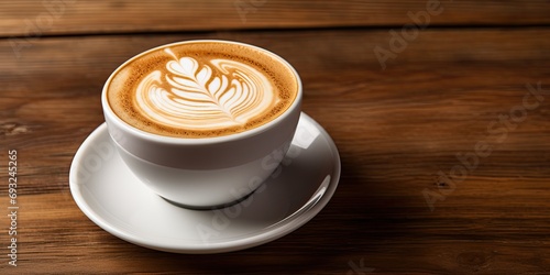 Hot latte or cappuccino made with milk on a wooden table with empty space.