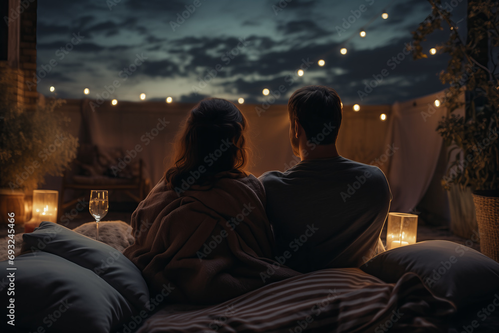 Twilight Toast: Couple Enjoying Wine on Terrace Under Evening Sky Twilight Toast: Couple Enjoying Wine on Terrace Under Evening Sky