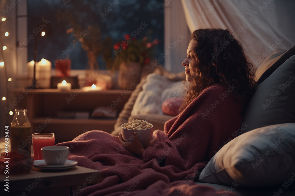 Cozy TV Time: Young Woman Snacking in a Warm Home Scene Cozy TV Time: Young Woman Snacking in a Warm Home Scene