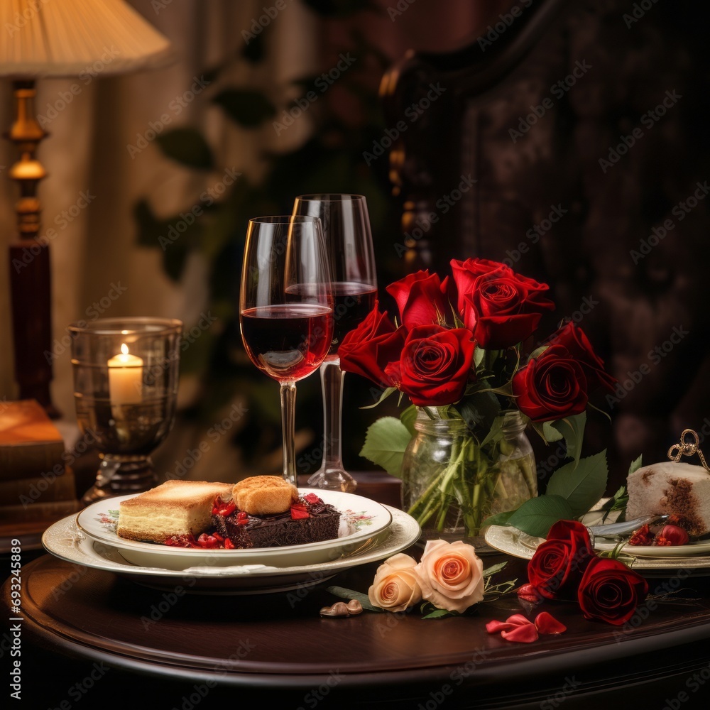 A romantic dinner with roses and glasses of wine on the occasion of Valentine's Day