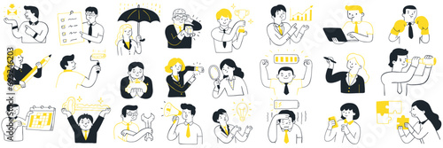 Cute character illustration of businesspeople with various objects and business concept. Outline, linear, thin line art, hand drawn sketch design, simple style.  