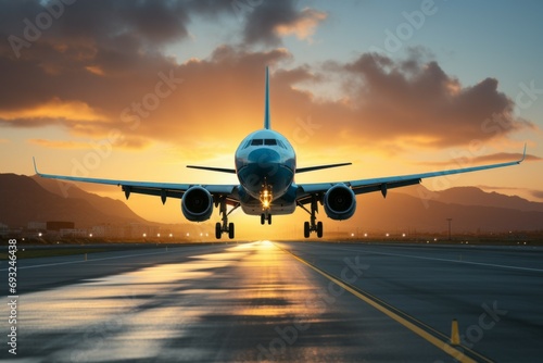 Passenger plane at the airport on the runway. Background with selective focus and copy space © top images